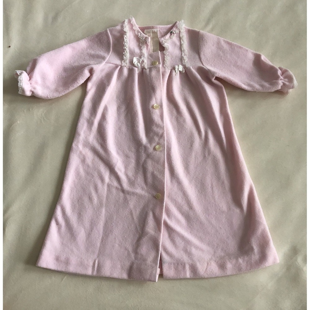 Vtg 1970s Housecoat Robe Shirey Pink Fleece M 14-19 Lbs Button Warm USA